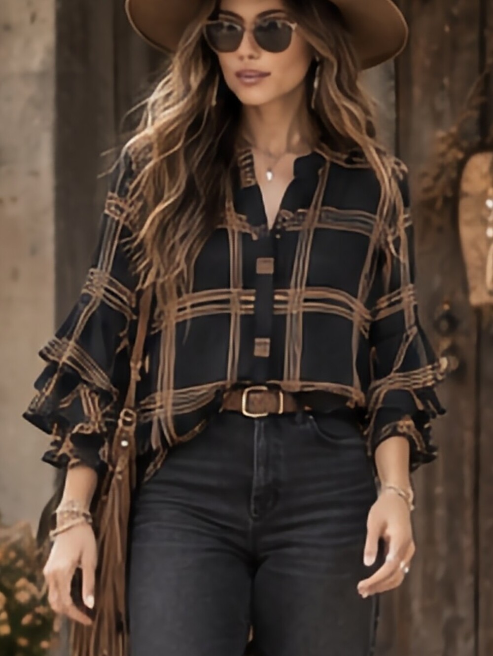 Vince Camuto Black & Camel Plaid Ruffle Sleeve Blouse Size Small Boho